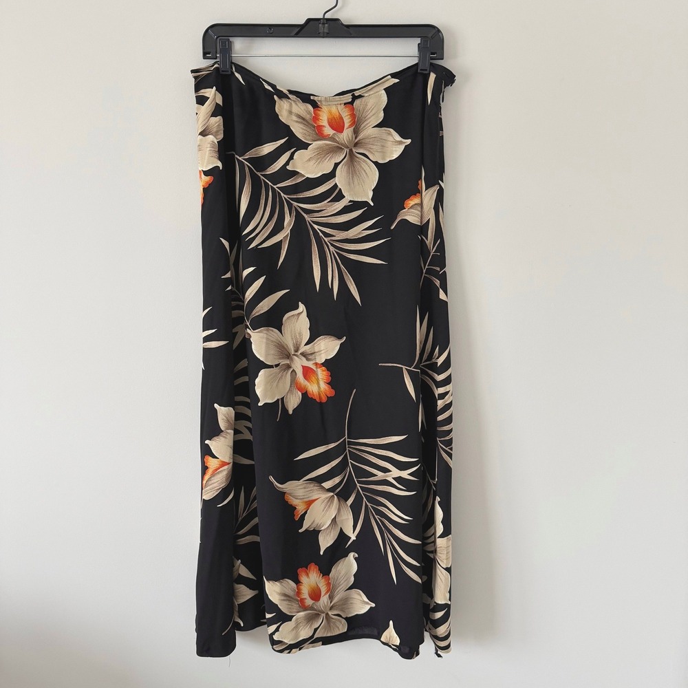 Jones New York 100%‎ Silk Skirt 14 Black Tropical Floral Palm Print Vintage 90s